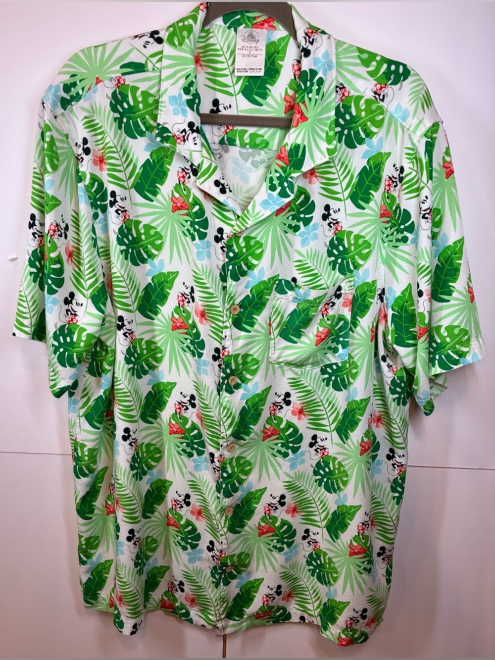 Disney Mickey Mouse Aloha Shirt Men’s 3L Tropical Leaf Green Button Up
